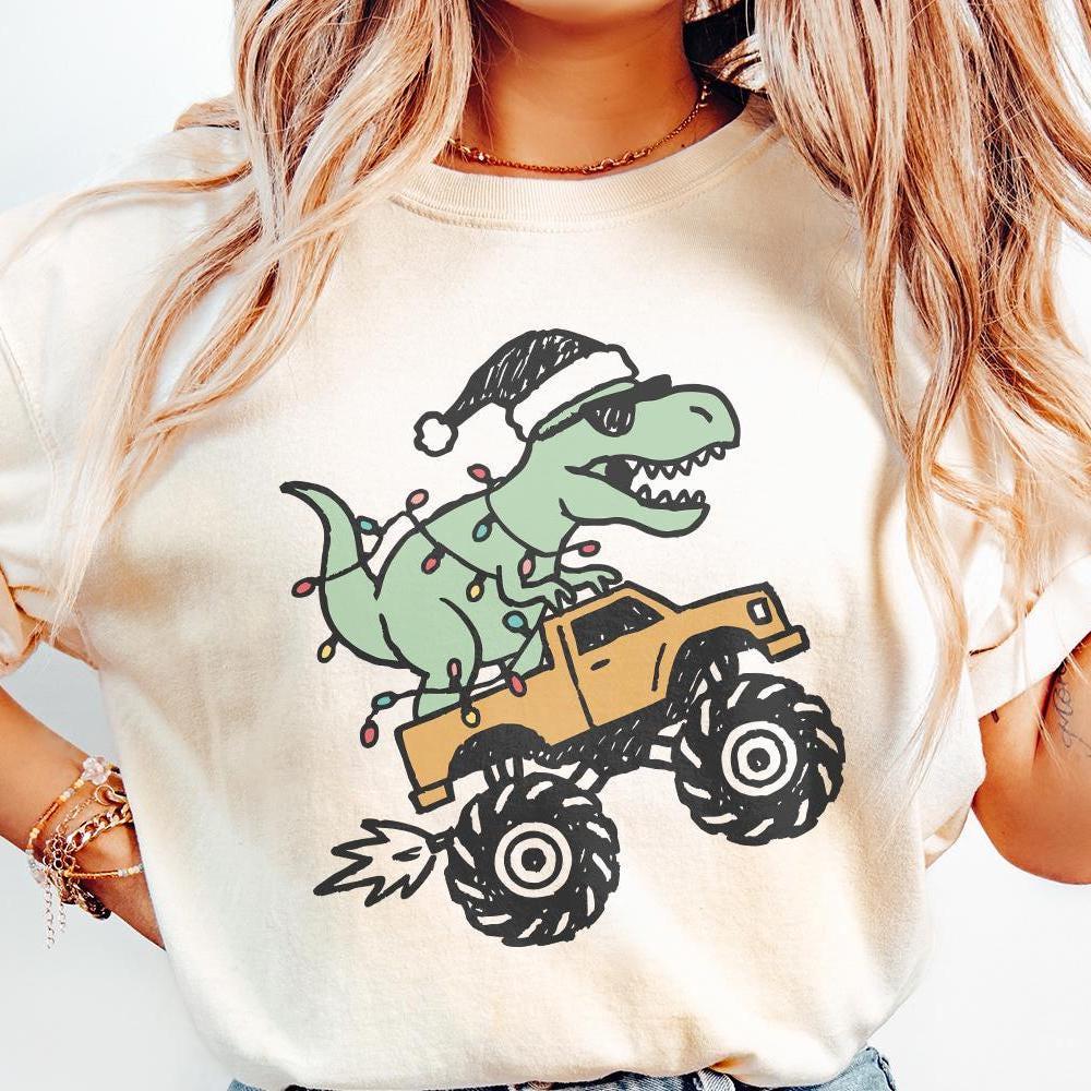 Dinosaur Monster Truck Christmas PNG, Festive T-Rex Digital Download -