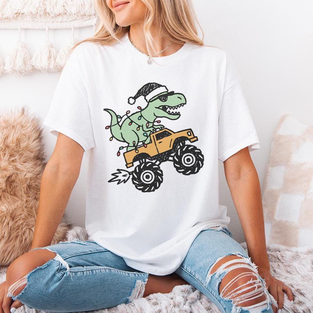Dinosaur Monster Truck Christmas PNG, Festive T-Rex Digital Download -