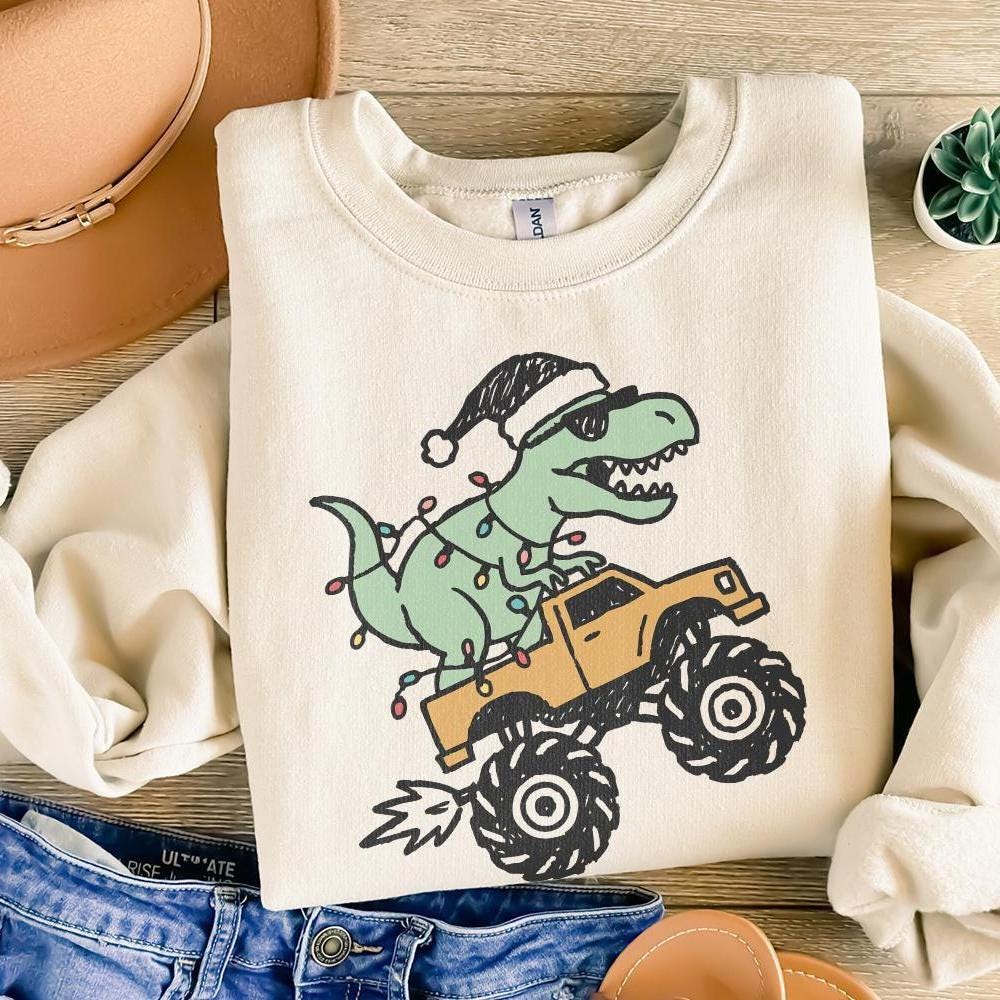 Dinosaur Monster Truck Christmas PNG, Festive T-Rex Digital Download -