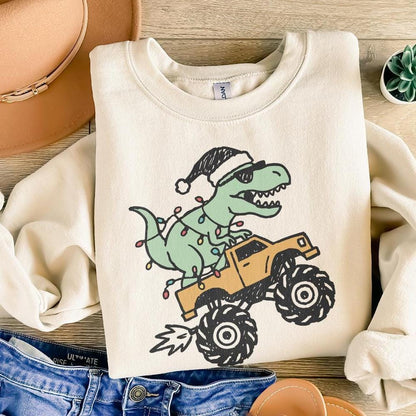 Dinosaur Monster Truck Christmas PNG, Festive T-Rex Digital Download -