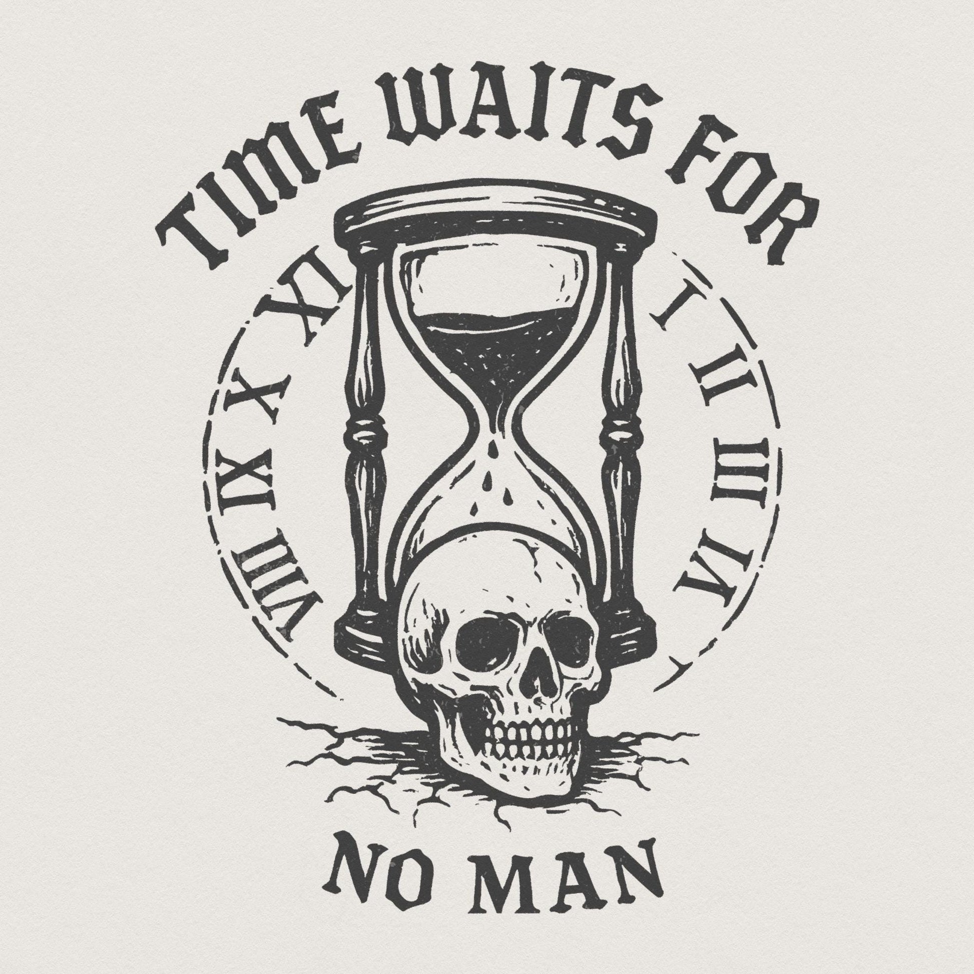 Time Waits For No Man Skull Hourglass PNG, Vintage Gothic PNG File - 300