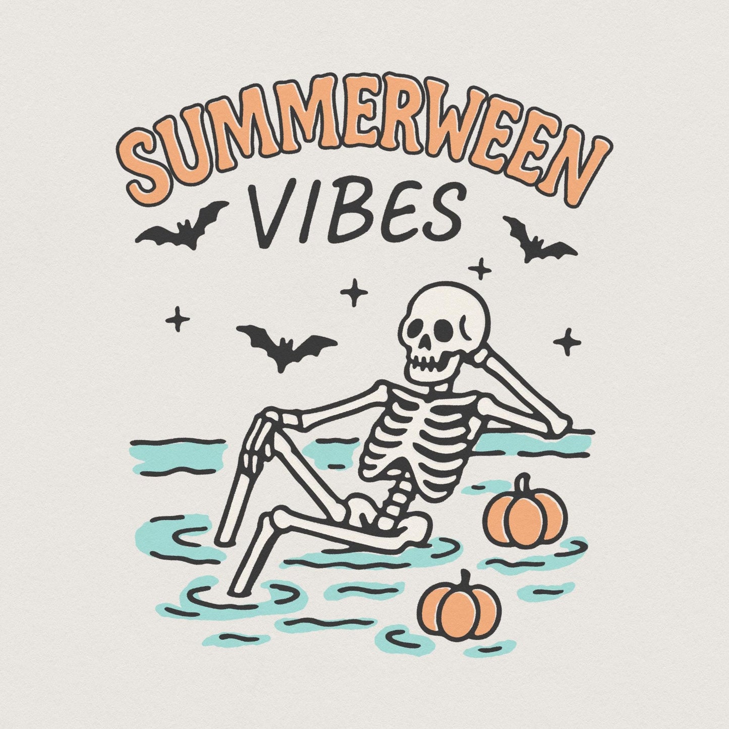 Summerween Vibes PNG, Skeleton Pool Halloween - 300 DPI Design for T-Shirt