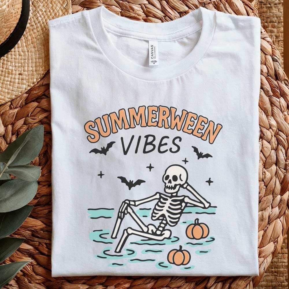 Summerween Vibes PNG, Skeleton Pool Halloween - 300 DPI Design for T-Shirt