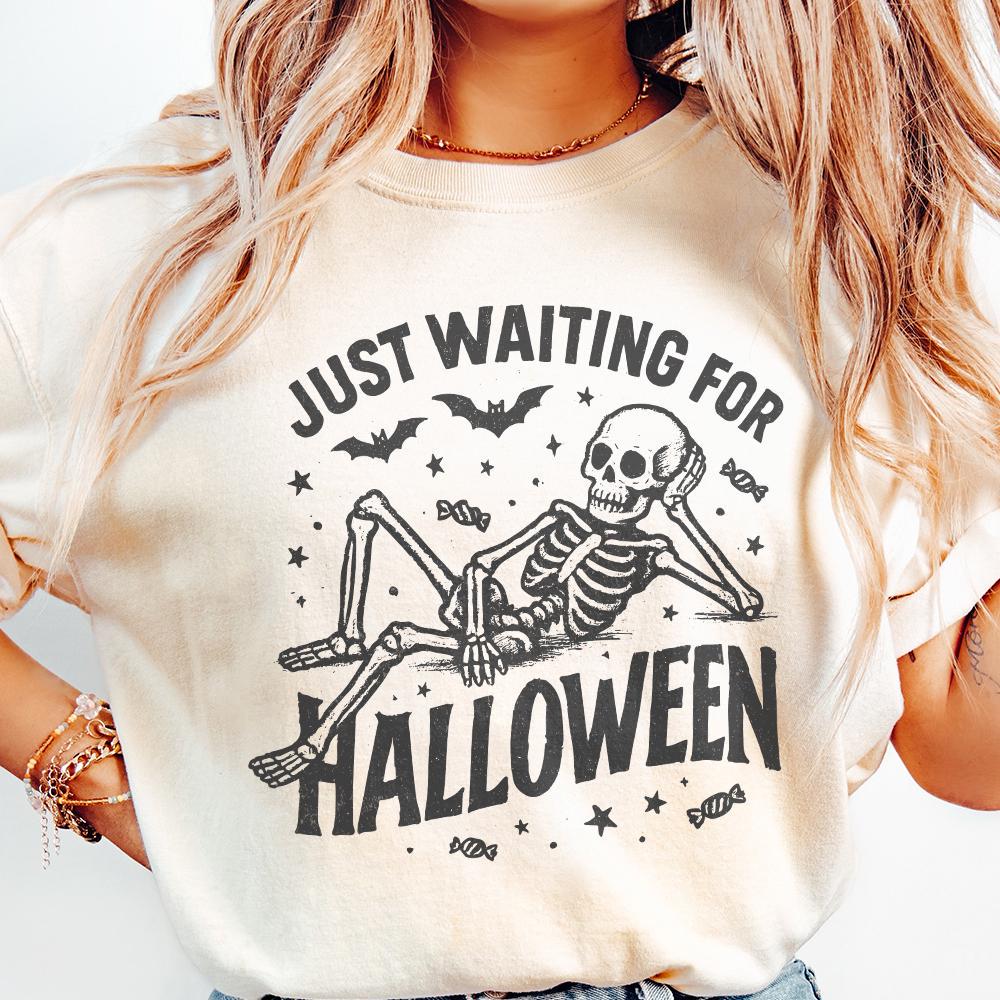 Just Waiting for Halloween PNG, Skeleton Halloween Digital Download - 300