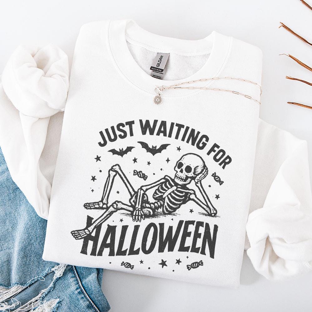 Just Waiting for Halloween PNG, Skeleton Halloween Digital Download - 300