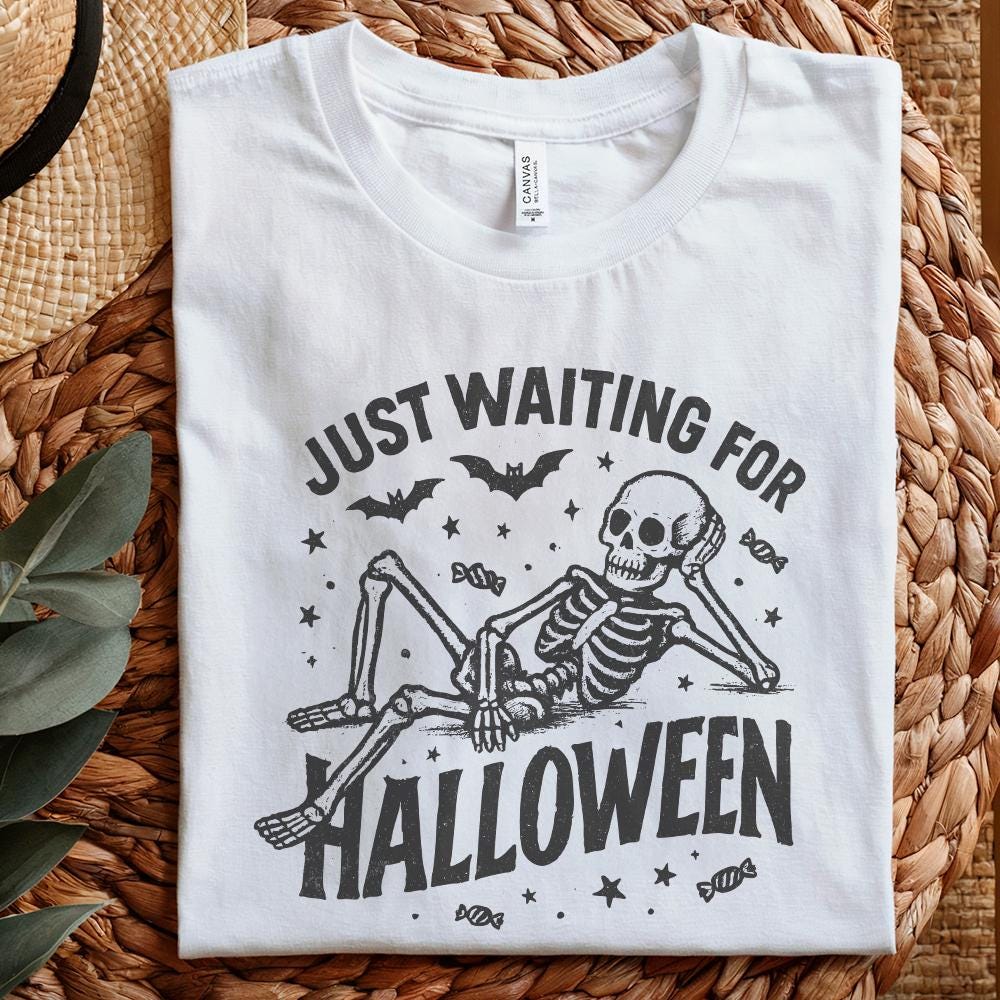 Just Waiting for Halloween PNG, Skeleton Halloween Digital Download - 300