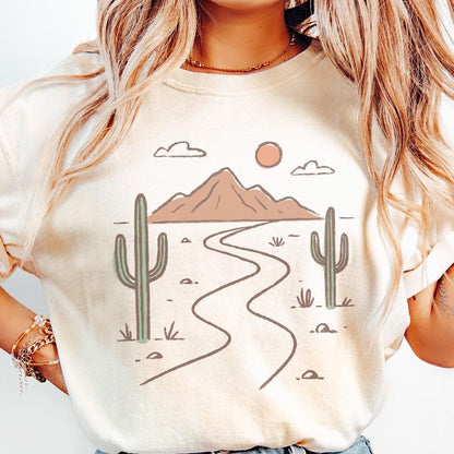 Minimalist Desert PNG Art, Boho Landscape with Cactus and Mountains - 300