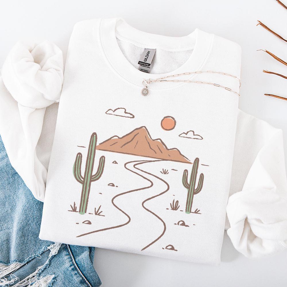 Minimalist Desert PNG Art, Boho Landscape with Cactus and Mountains - 300