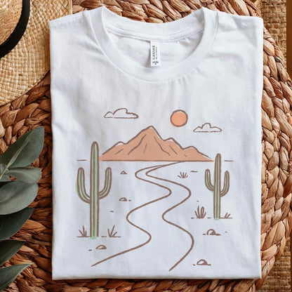Minimalist Desert PNG Art, Boho Landscape with Cactus and Mountains - 300