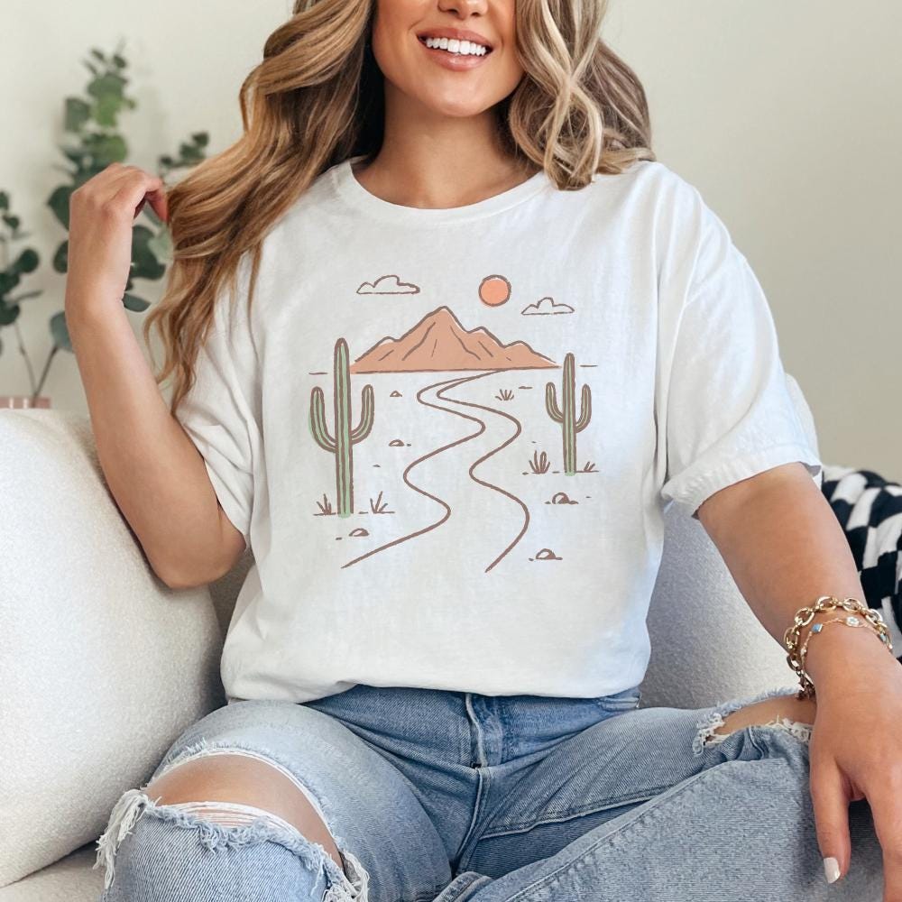 Minimalist Desert PNG Art, Boho Landscape with Cactus and Mountains - 300