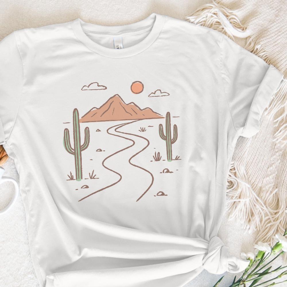 Minimalist Desert PNG Art, Boho Landscape with Cactus and Mountains - 300