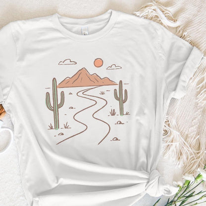 Minimalist Desert PNG Art, Boho Landscape with Cactus and Mountains - 300