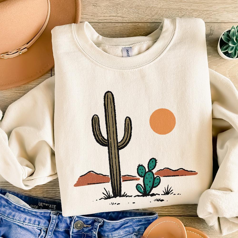 Cactus and Desert Sun PNG, Vintage Southwestern Saguaro Clipart - 300 DPI