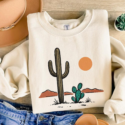 Cactus and Desert Sun PNG, Vintage Southwestern Saguaro Clipart - 300 DPI