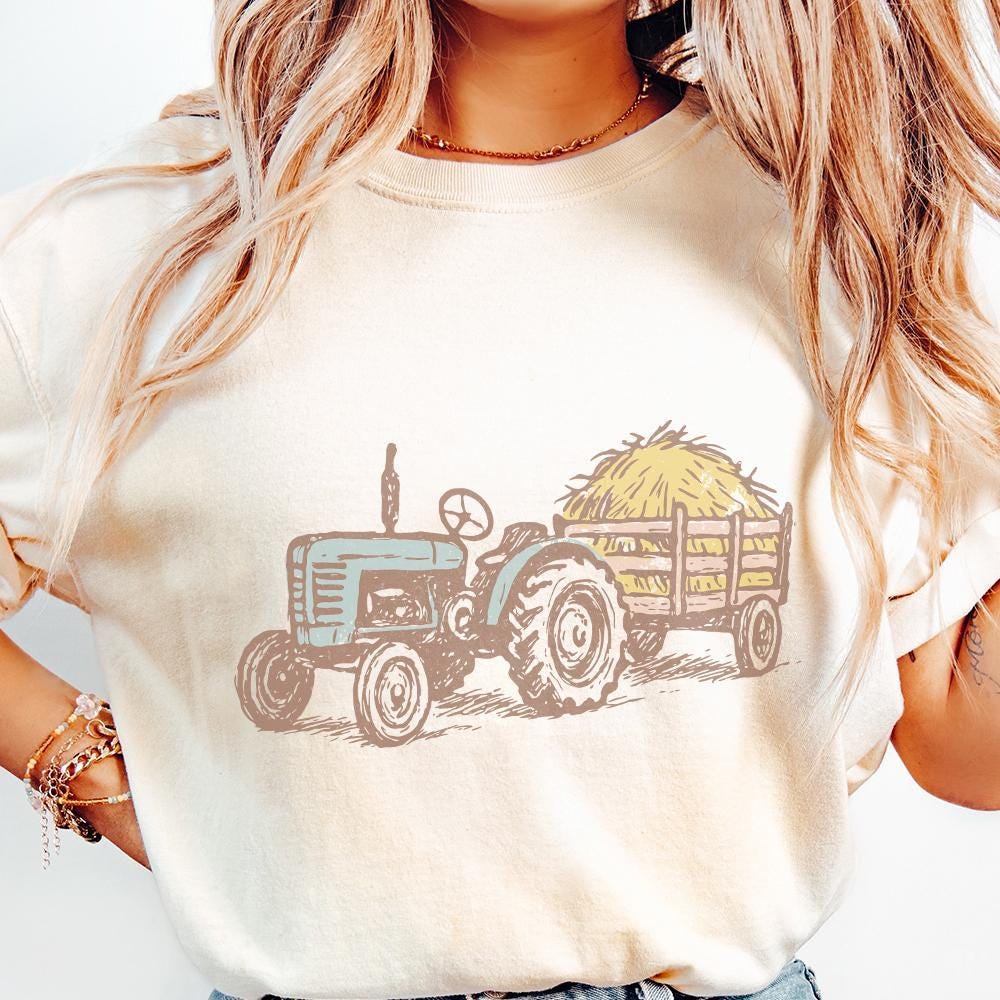 Vintage Tractor and Hay Trailer PNG, Farmhouse Rustic Digital Download