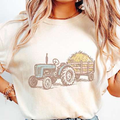 Vintage Tractor and Hay Trailer PNG, Farmhouse Rustic Digital Download