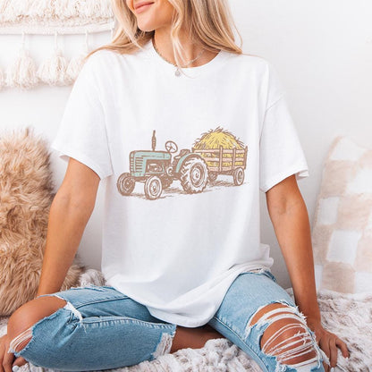 Vintage Tractor and Hay Trailer PNG, Farmhouse Rustic Digital Download