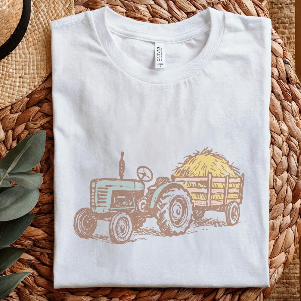 Vintage Tractor and Hay Trailer PNG, Farmhouse Rustic Digital Download