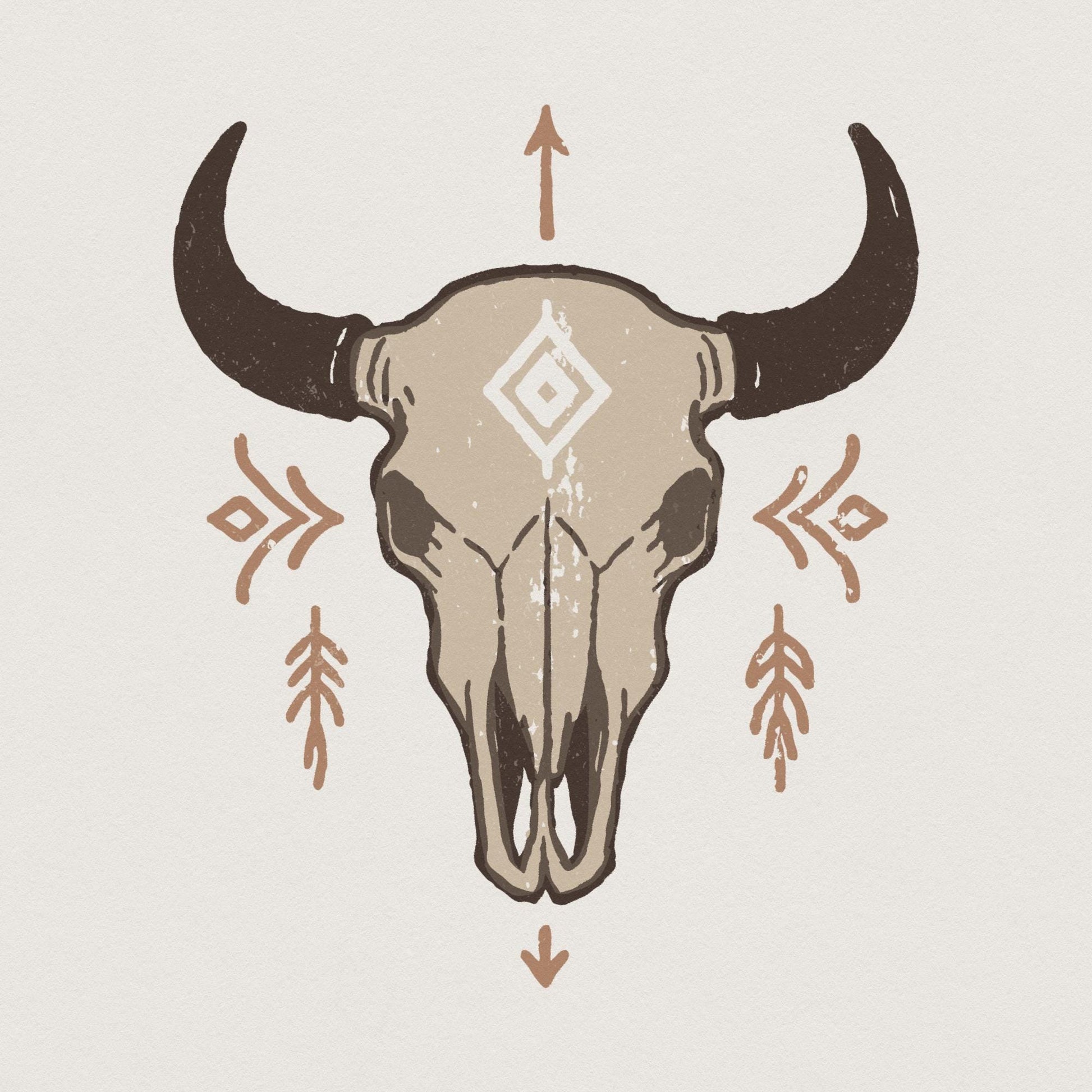 Boho Bull Skull PNG, Western Skull PNG Art - 300 DPI Design for T-Shirt