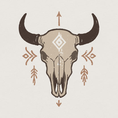 Boho Bull Skull PNG, Western Skull PNG Art - 300 DPI Design for T-Shirt