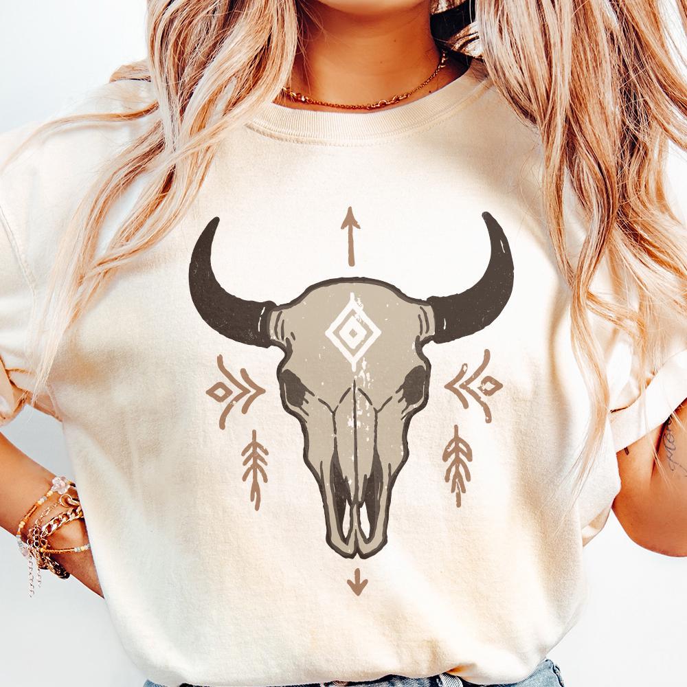 Boho Bull Skull PNG, Western Skull PNG Art - 300 DPI Design for T-Shirt