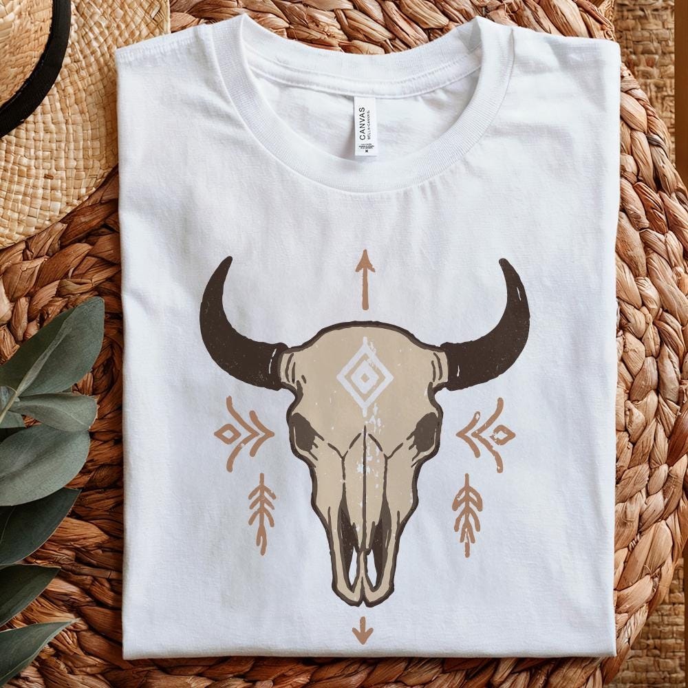Boho Bull Skull PNG, Western Skull PNG Art - 300 DPI Design for T-Shirt
