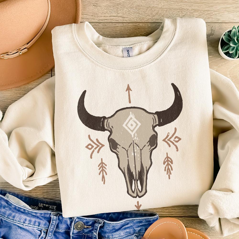 Boho Bull Skull PNG, Western Skull PNG Art - 300 DPI Design for T-Shirt