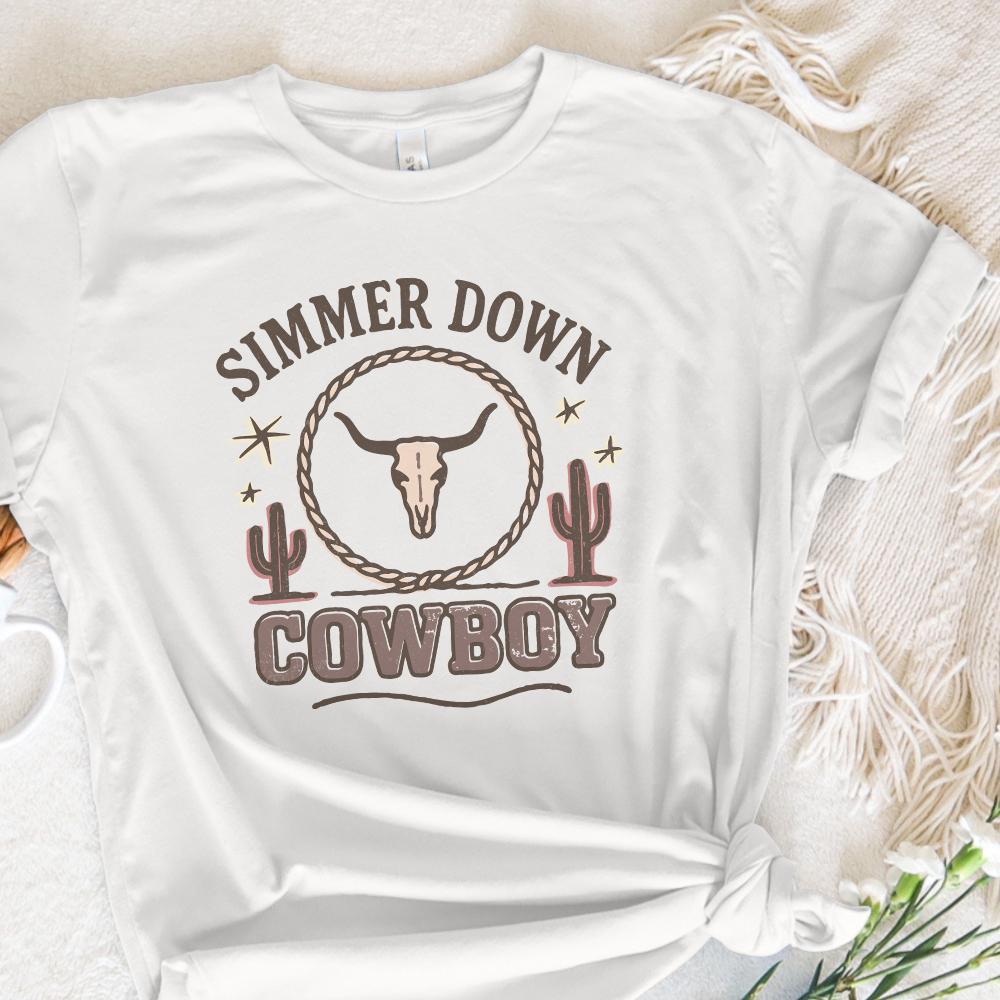 Simmer Down Cowboy PNG, Longhorn Western PNG Tee Design - 300 DPI Design