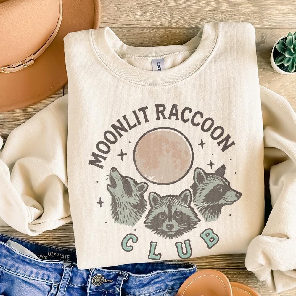 Moonlit Raccoon Club PNG, Retro Raccoon Shirt PNG - 300 DPI Design for