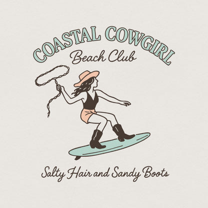 Coastal Cowgirl Beach Club PNG, Salty Hair and Sandy Boots - 300 DPI