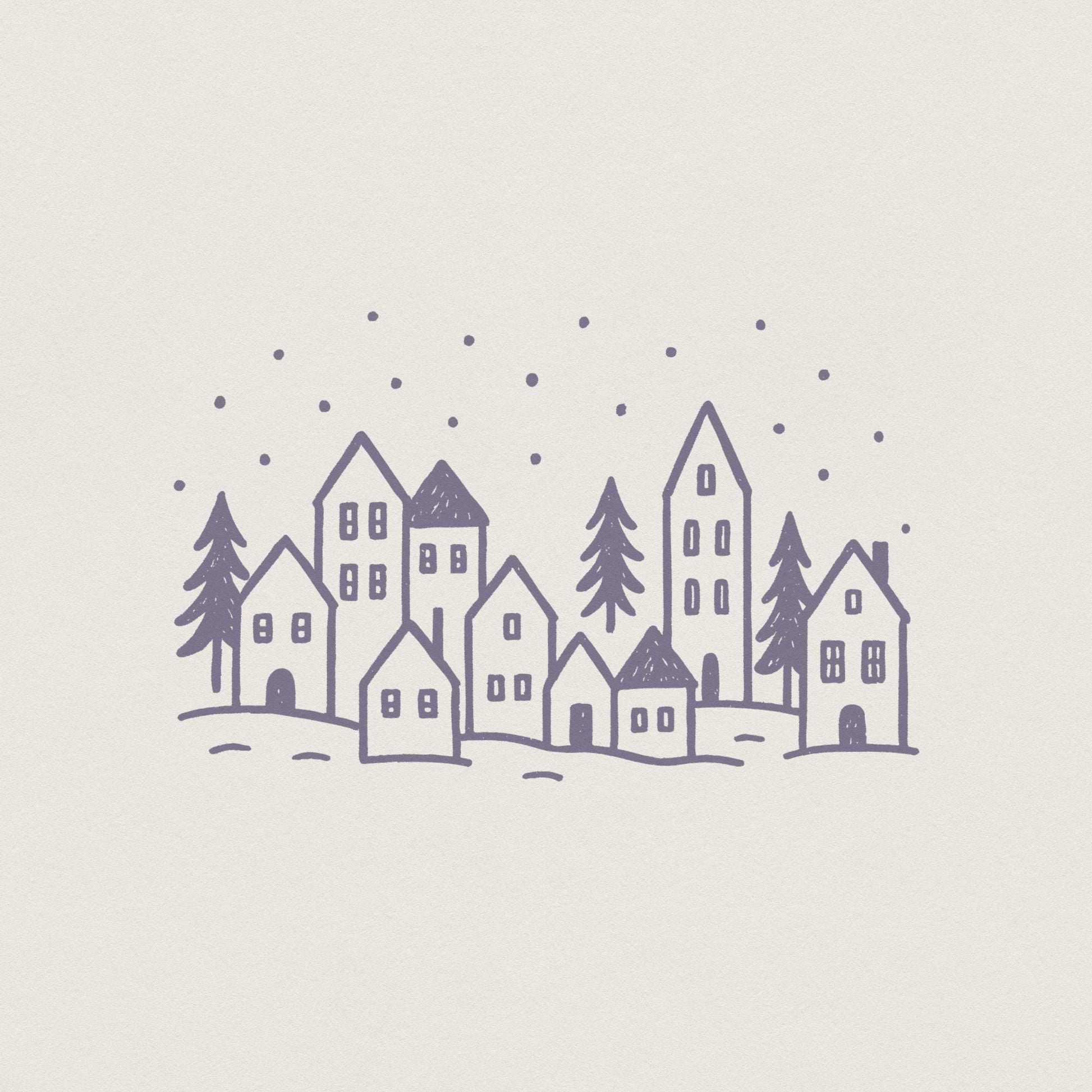 Minimalist Winter Village PNG, Hand Drawn Christmas Village PNG Art - 300