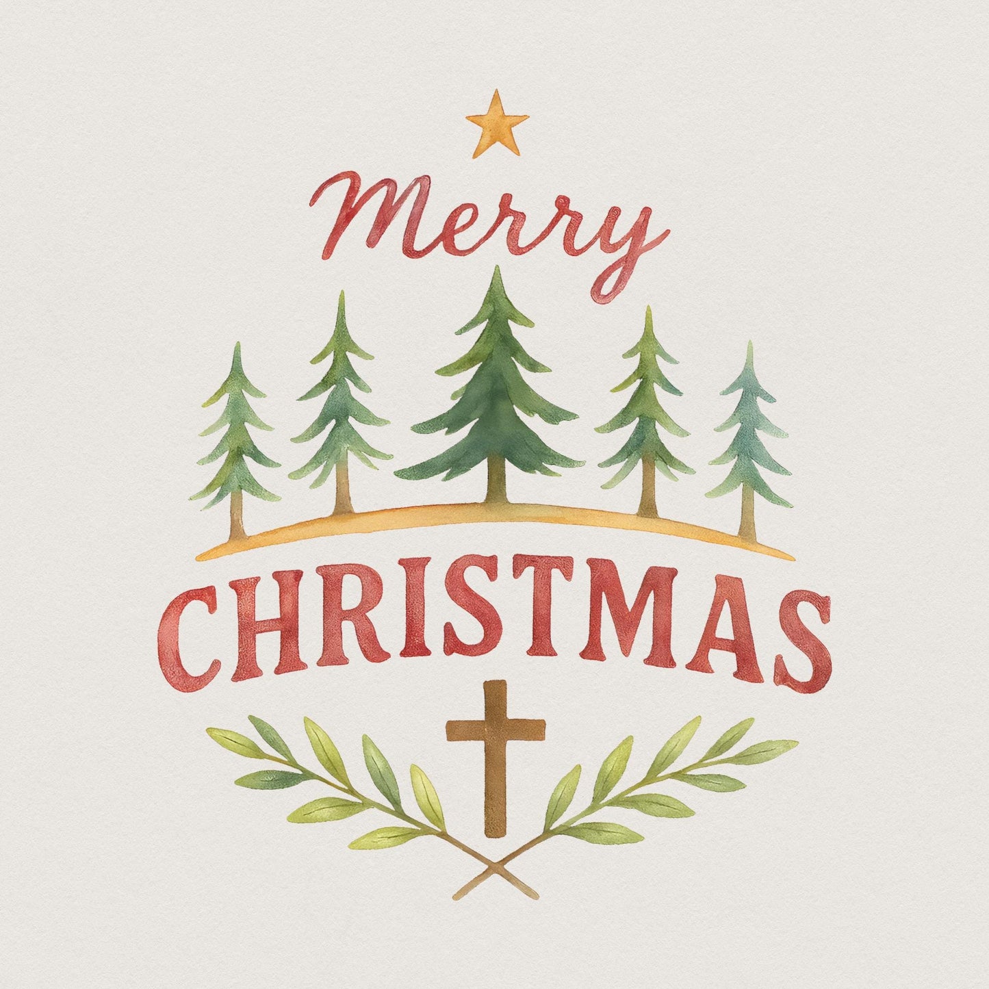 Merry Christmas Watercolor PNG, Christian Christmas Cross PNG - 300 DPI