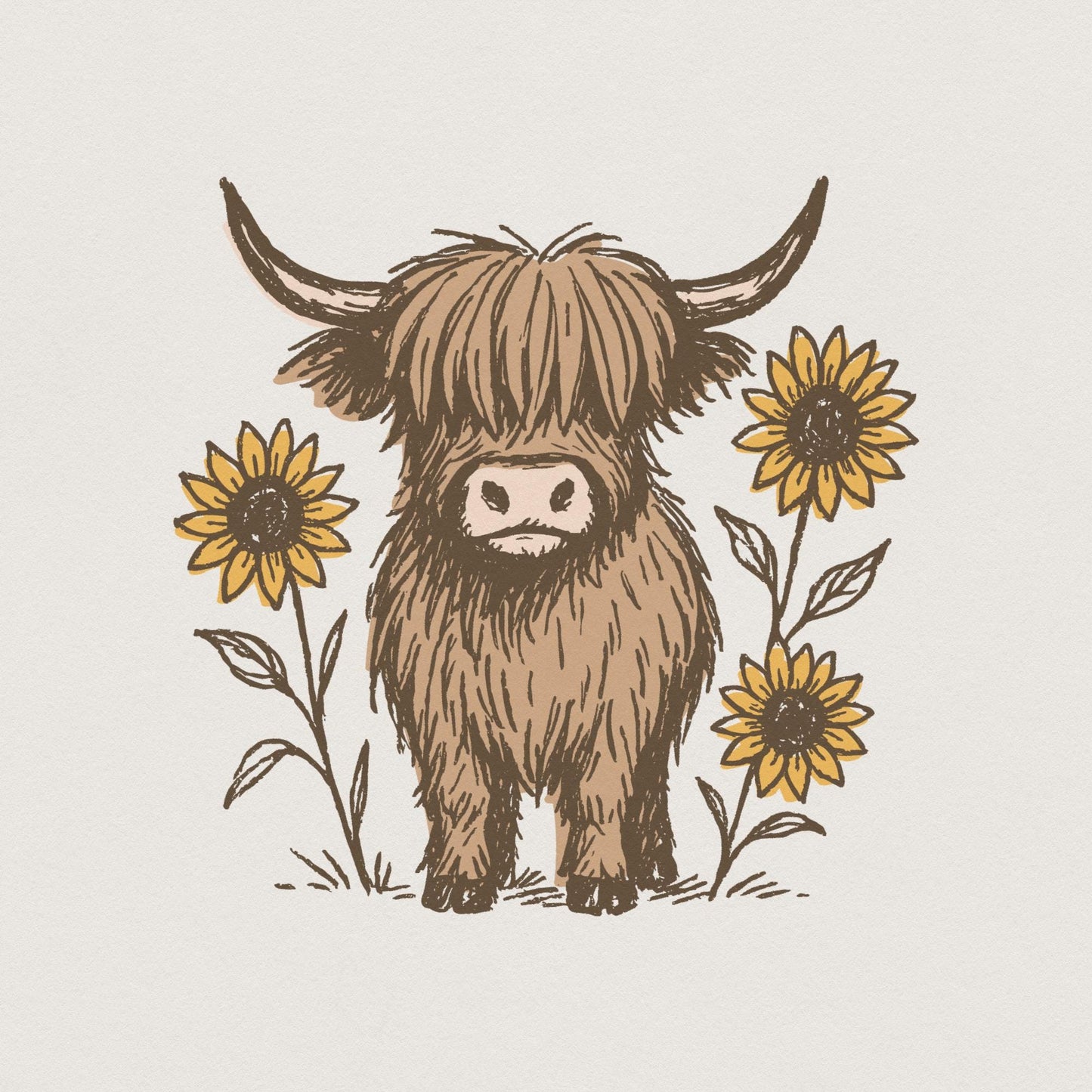 Highland Cow PNG Clipart, Cute Cow With Sunflowers PNG - 300 DPI Design