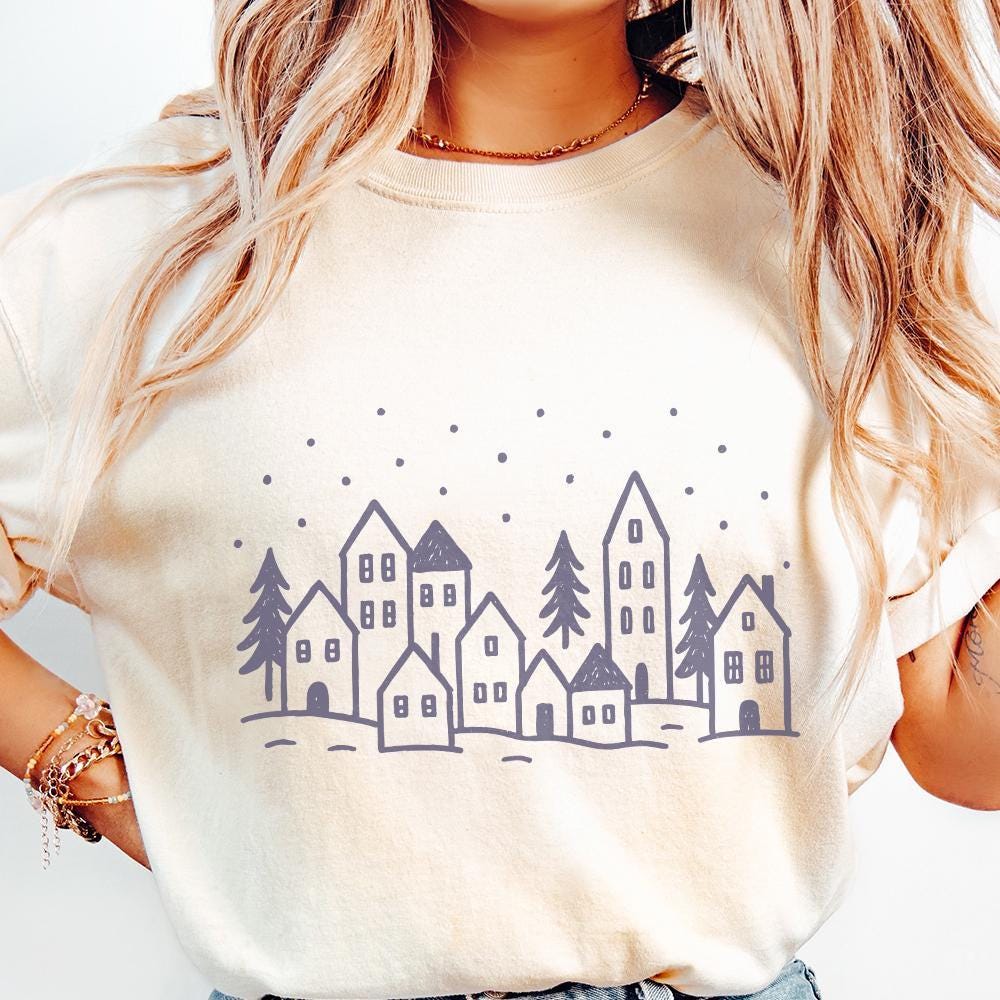 Minimalist Winter Village PNG, Hand Drawn Christmas Village PNG Art - 300