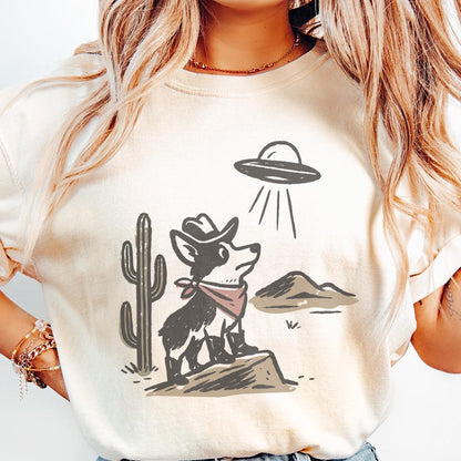 Retro Cowboy Dog and UFO Encounter PNG, Western Corgi Desert Funny Space