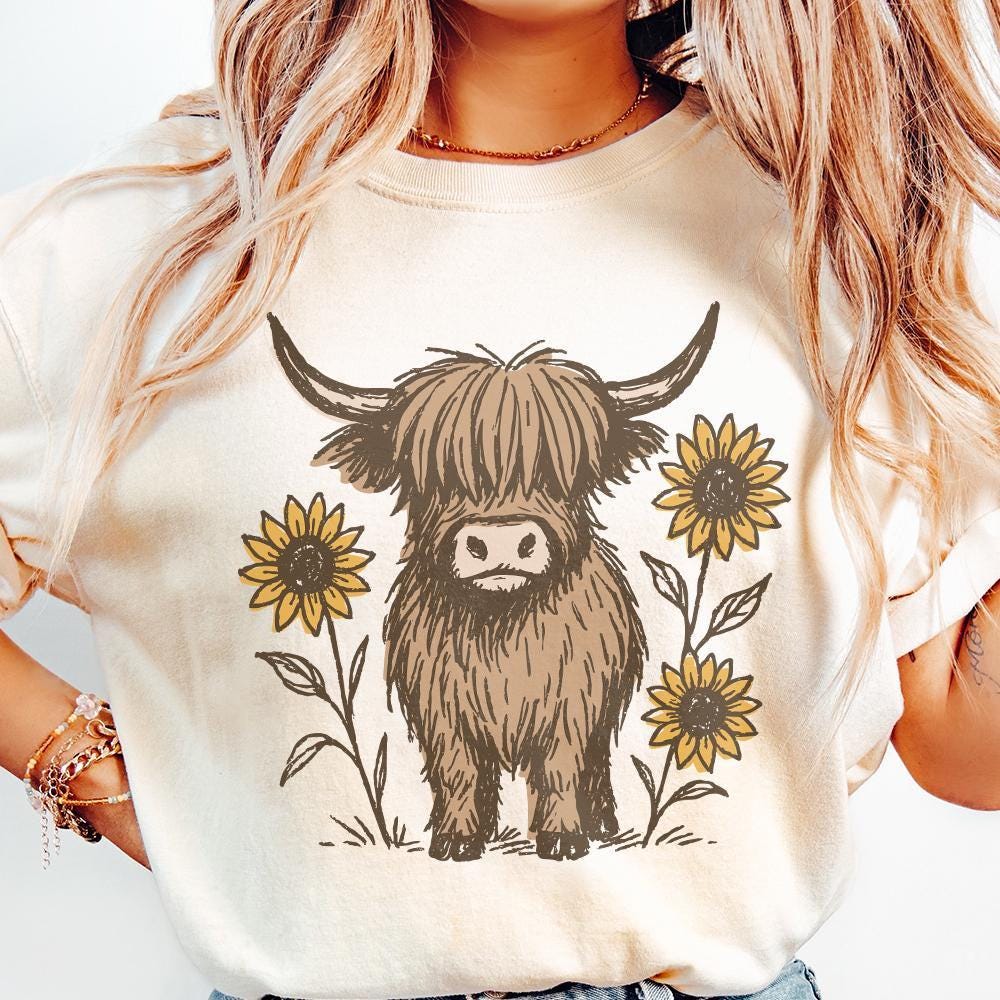 Highland Cow PNG Clipart, Cute Cow With Sunflowers PNG - 300 DPI Design