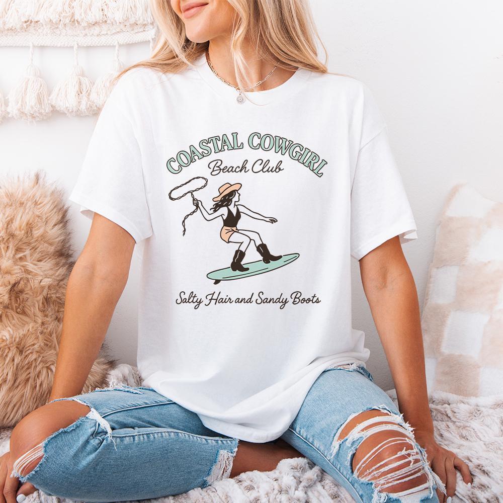 Coastal Cowgirl Beach Club PNG, Salty Hair and Sandy Boots - 300 DPI