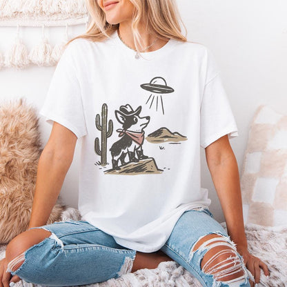 Retro Cowboy Dog and UFO Encounter PNG, Western Corgi Desert Funny Space