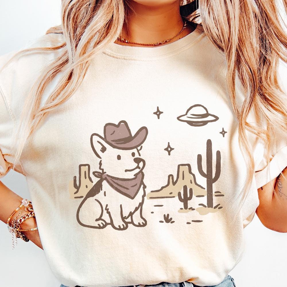 Retro Corgi Cowboy in Desert, Cute Dog with Bandana - 300 DPI Design for