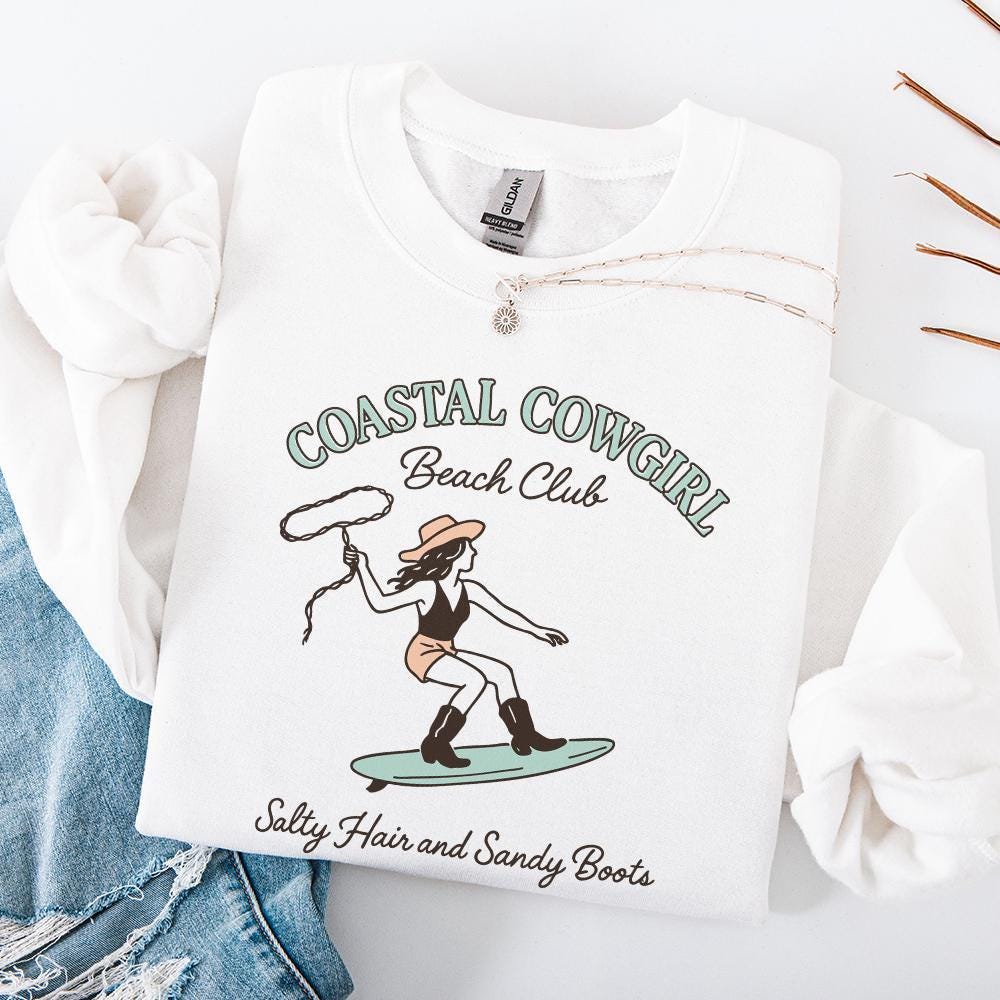 Coastal Cowgirl Beach Club PNG, Salty Hair and Sandy Boots - 300 DPI