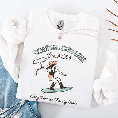 Coastal Cowgirl Beach Club PNG, Salty Hair and Sandy Boots - 300 DPI