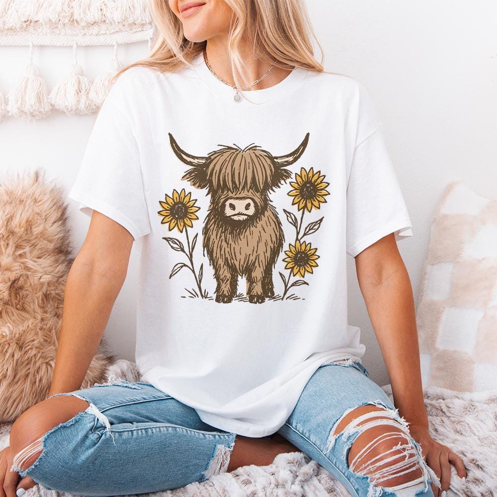 Highland Cow PNG Clipart, Cute Cow With Sunflowers PNG - 300 DPI Design