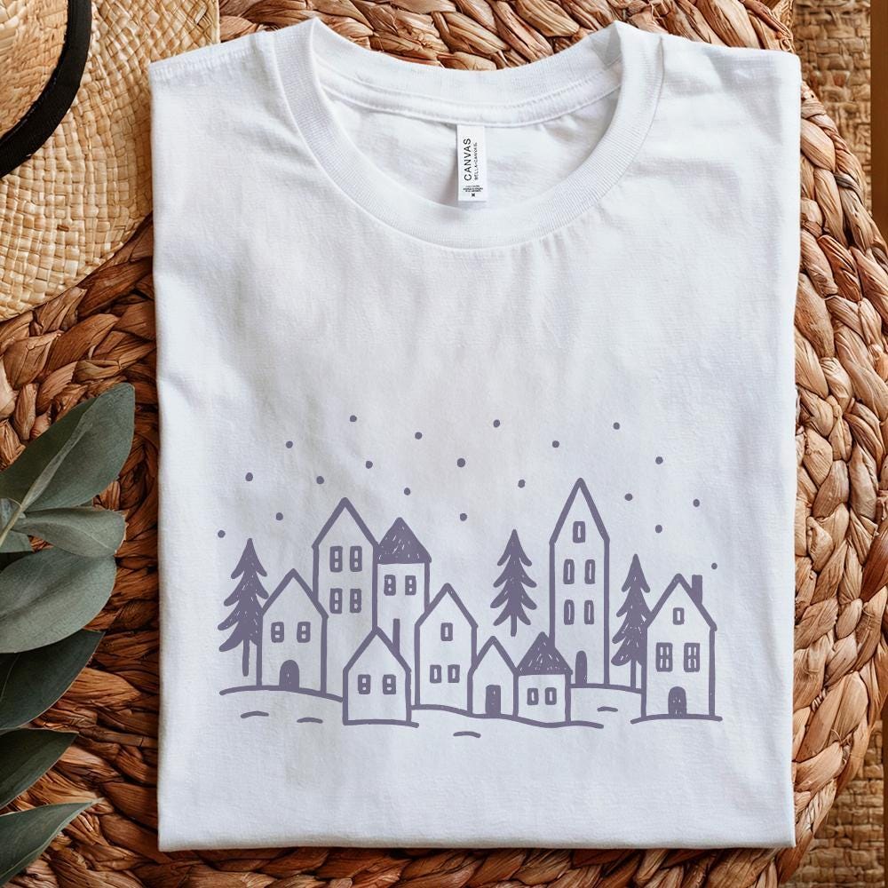 Minimalist Winter Village PNG, Hand Drawn Christmas Village PNG Art - 300