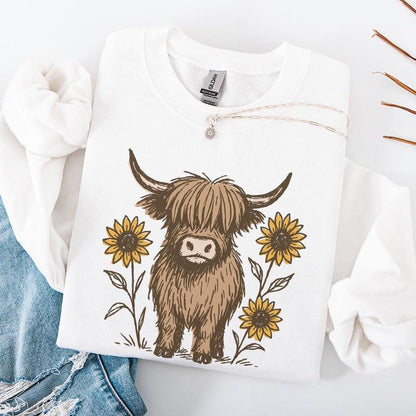 Highland Cow PNG Clipart, Cute Cow With Sunflowers PNG - 300 DPI Design
