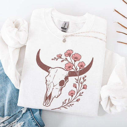Boho Western Skull PNG, Floral Horns Tumbler PNG Digital Download - 300