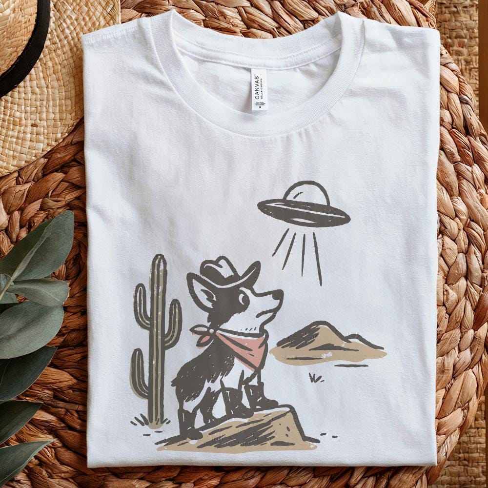 Retro Cowboy Dog and UFO Encounter PNG, Western Corgi Desert Funny Space