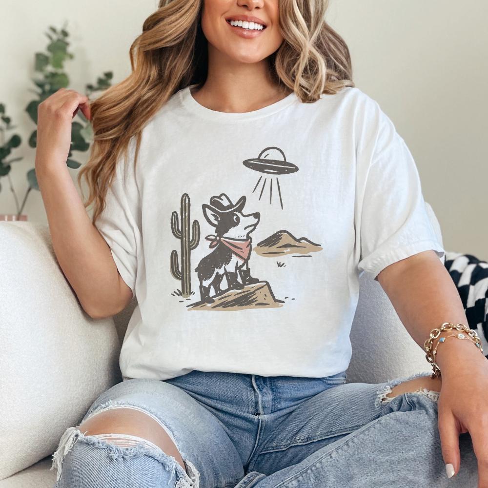 Retro Cowboy Dog and UFO Encounter PNG, Western Corgi Desert Funny Space