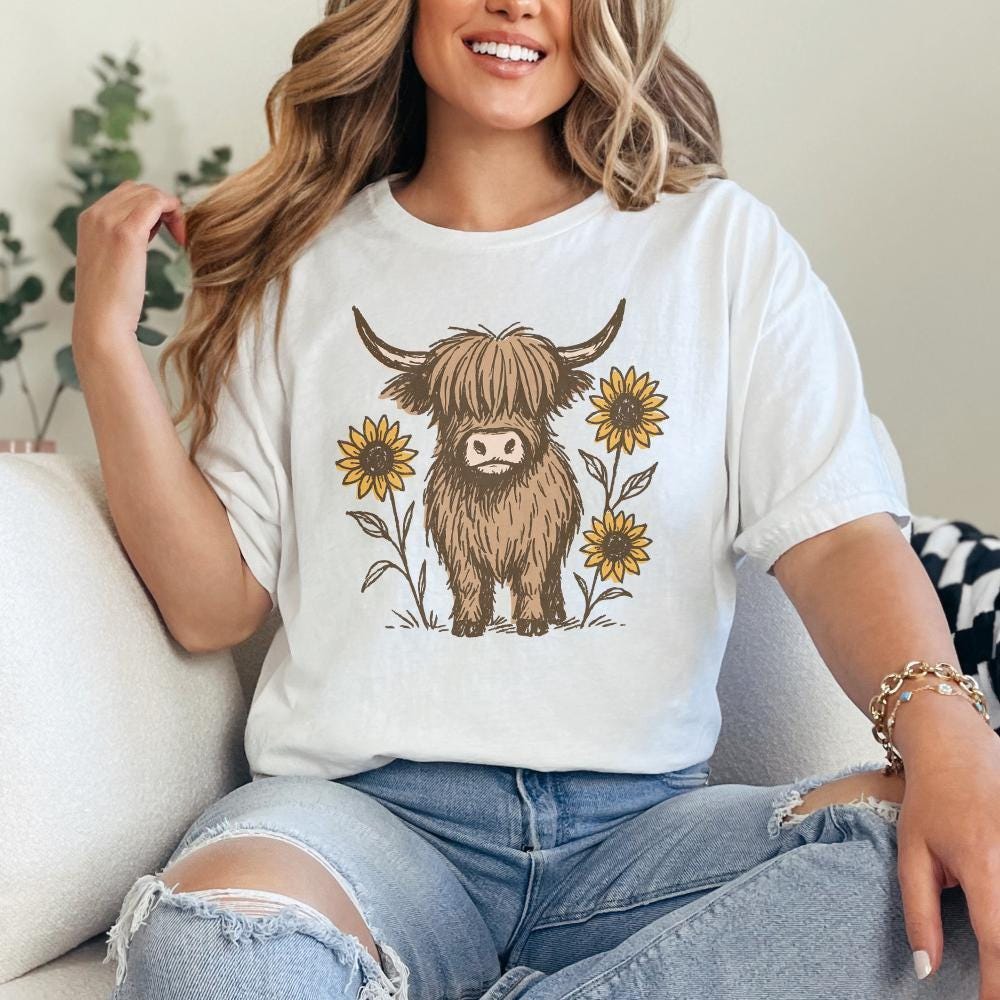 Highland Cow PNG Clipart, Cute Cow With Sunflowers PNG - 300 DPI Design
