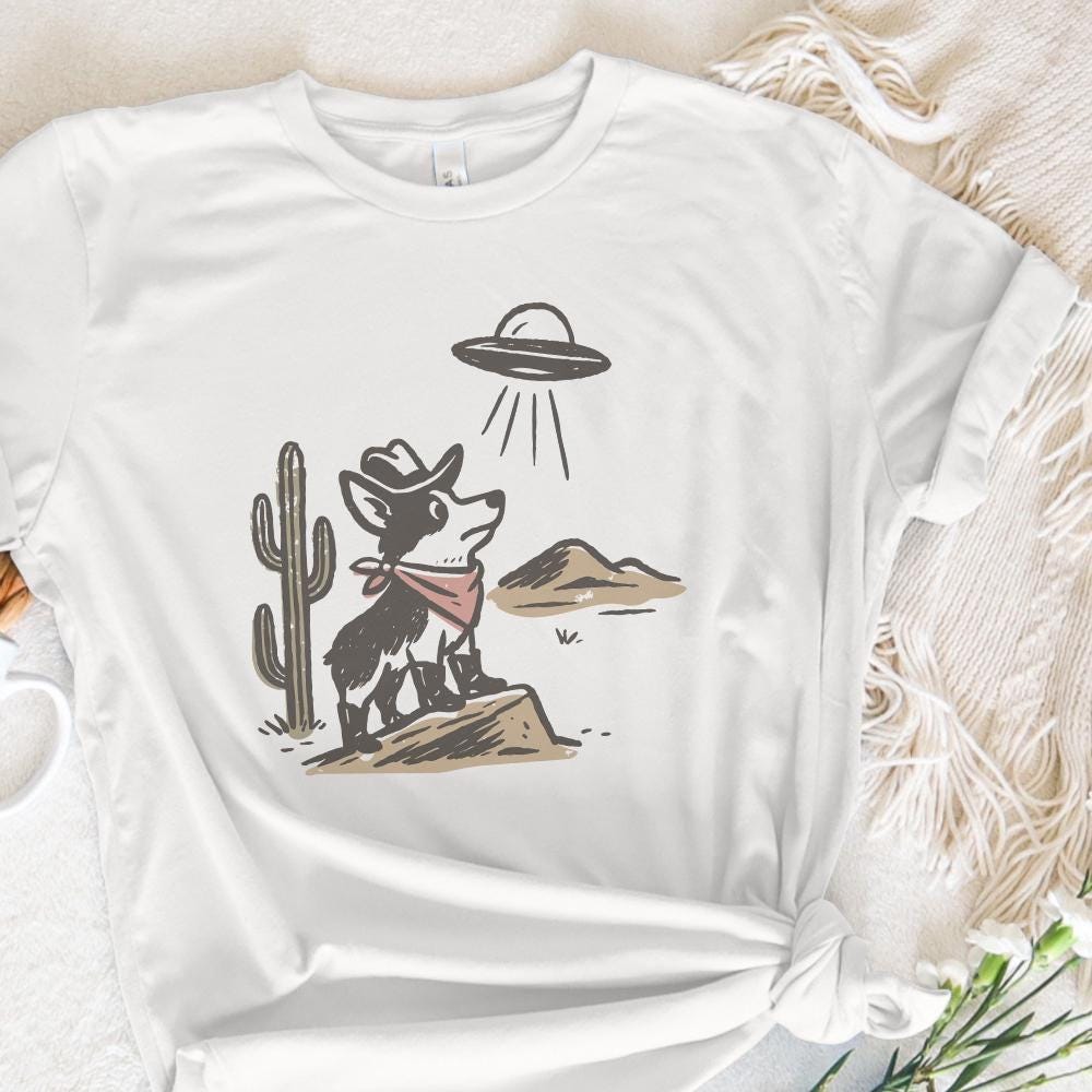 Retro Cowboy Dog and UFO Encounter PNG, Western Corgi Desert Funny Space