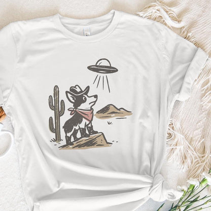 Retro Cowboy Dog and UFO Encounter PNG, Western Corgi Desert Funny Space